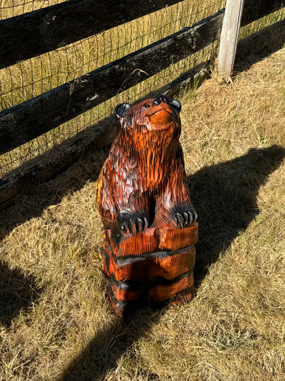 32" Chainsaw Carved Bear on Rock Base Sculpture