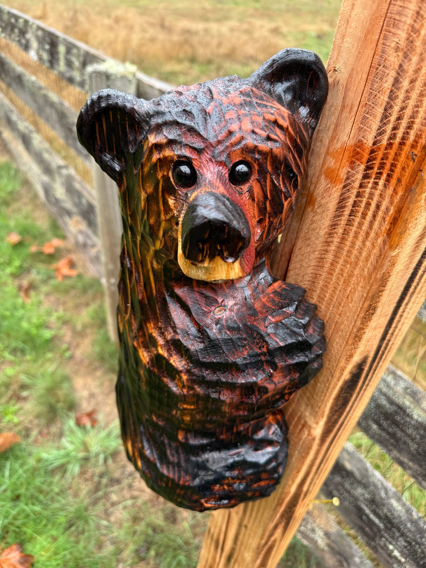 Wood Carved Climbing Bear for Posts, Poles, Trees, and More - 15 Inches, Easy to Mount and Display - Brown