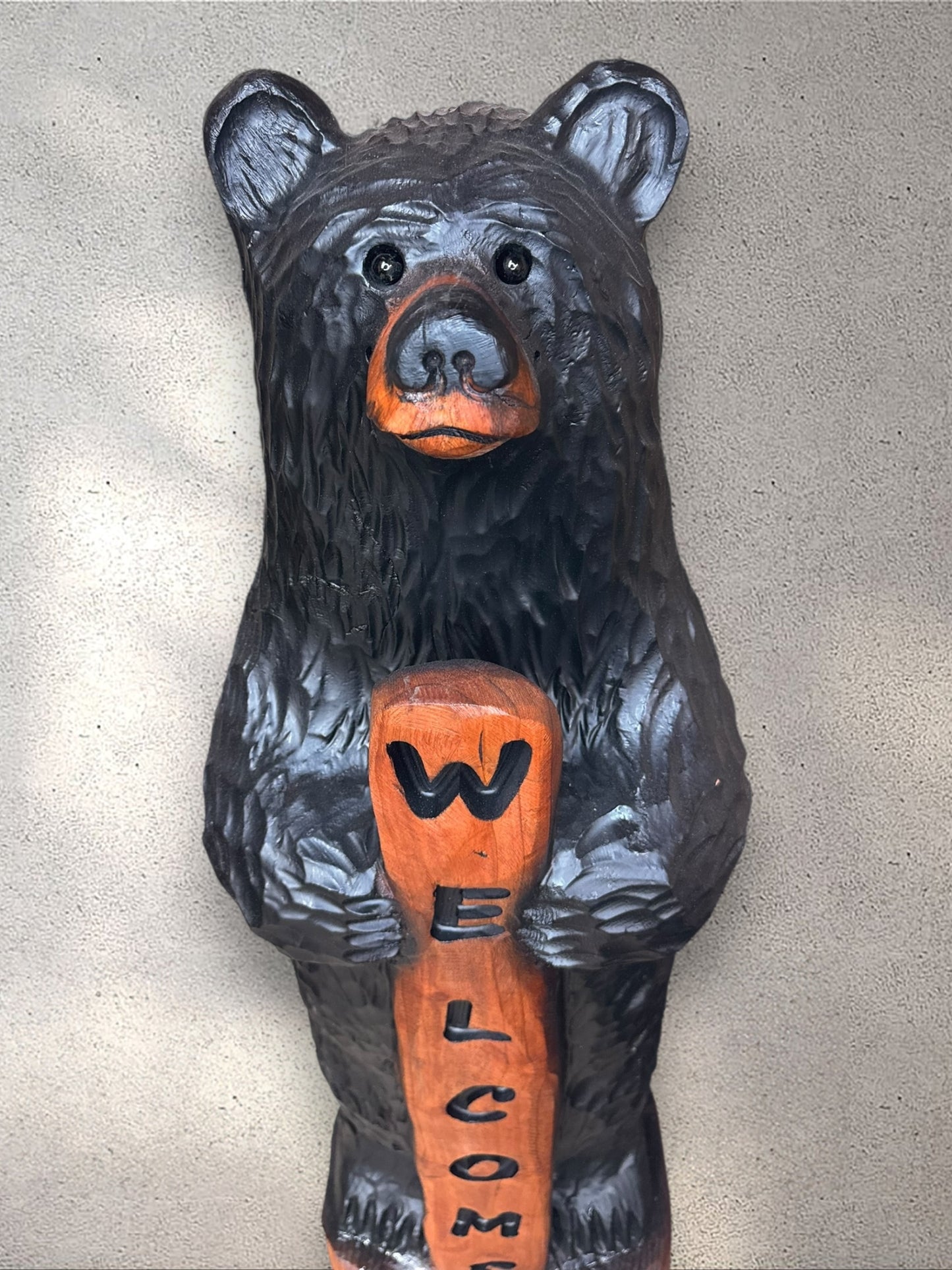 Hand-Carved Wood Bear Black with Welcome Sign - 48 Inches, Perfect for Entryways