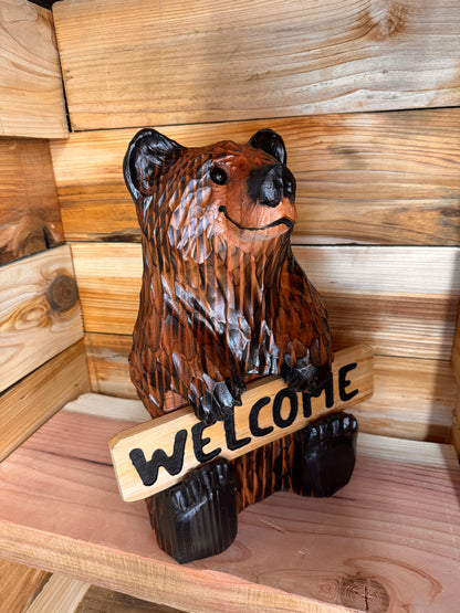 Wood Carved Bear Holding Welcome/Go Away Sign - Customizable, 15 Inches Tall - Brown