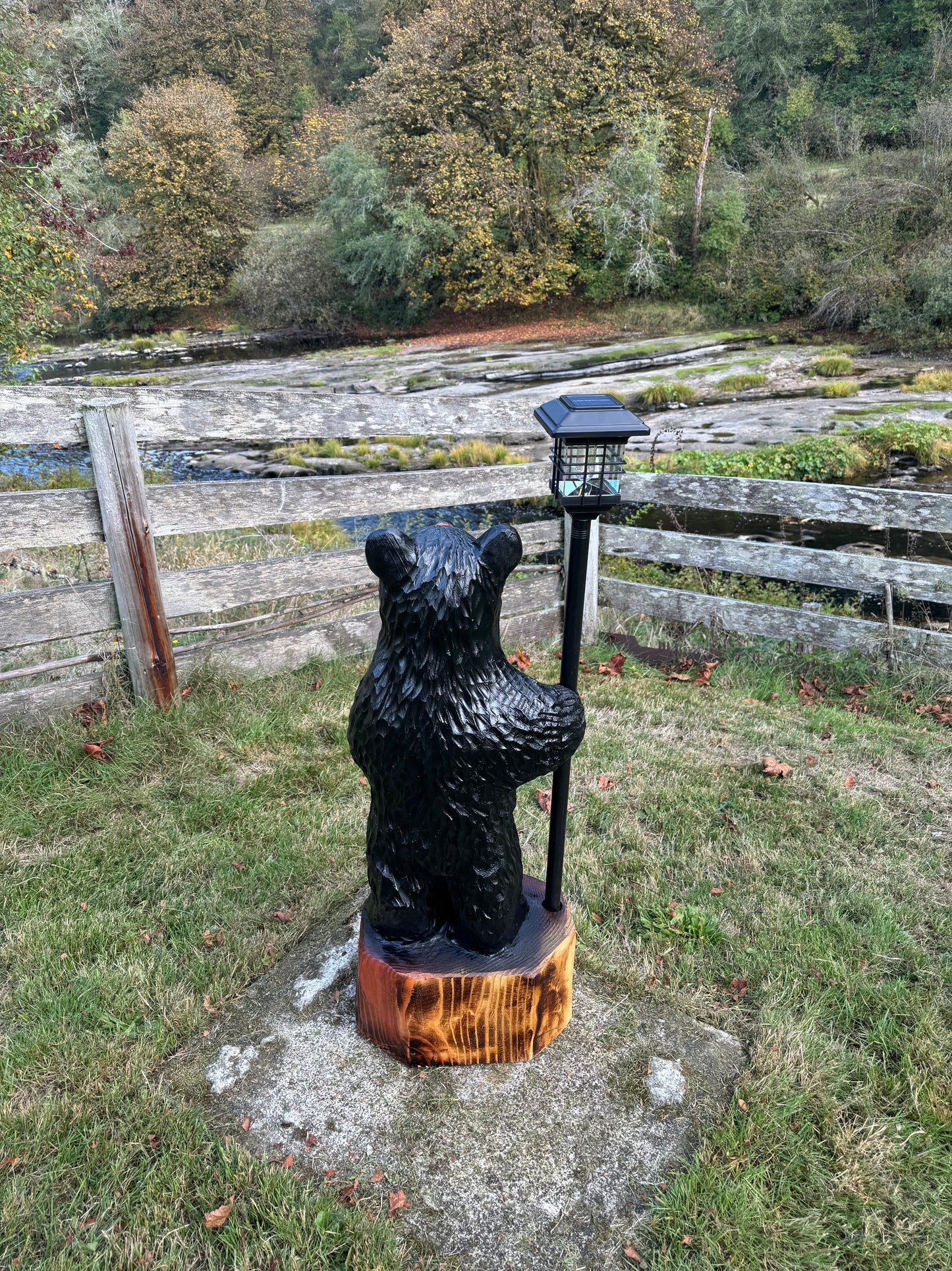 40" Wood Carved Bear with Lantern - Black