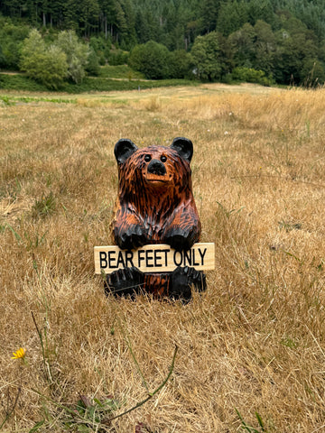 Wood Carved Bear Holding Reversible Welcome Sign - Customizable, 15 Inches Tall - Brown