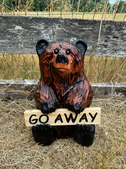 Wood Carved Bear Holding Welcome/Go Away Sign - Customizable, 15 Inches Tall - Brown