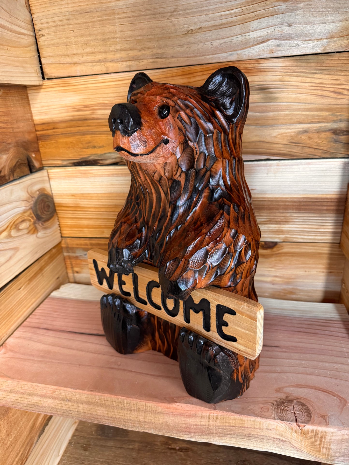 Wood Carved Bear Holding Welcome/Go Away Sign - Customizable, 15 Inches Tall - Brown