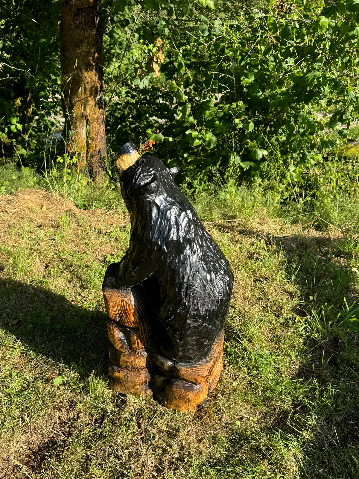 Chainsaw Carved 32” Brown Bear Standing on Rock Base
