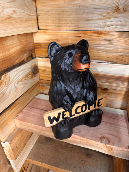 Wood Carved Bear Holding Welcome/Go Away Sign - Customizable, 15 Inches Tall - Black