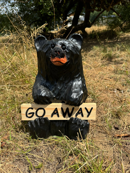 Wood Carved Bear Holding Reversible Welcome Sign - Customizable, 15 Inches Tall - Black