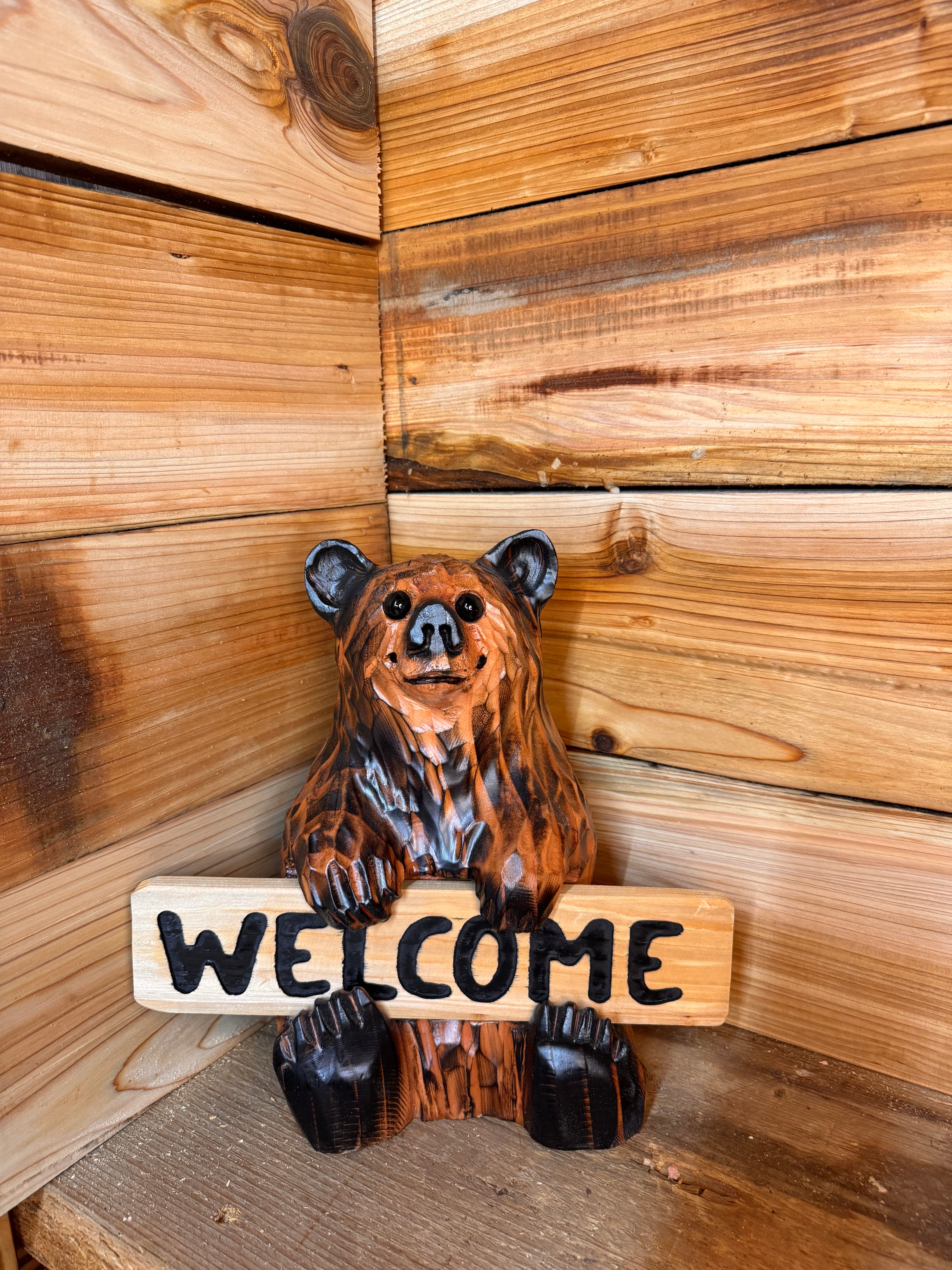 Chainsaw Carved Sitting Brown Bear with Reversible Sign – 11" Giant Sequoia Redwood