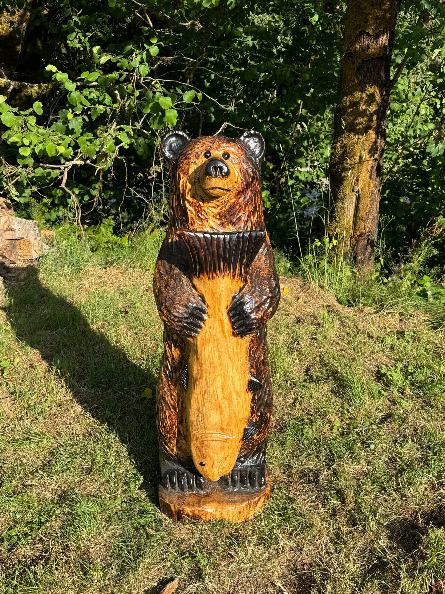 Wood Carved 48" Bear with Fish - Brown