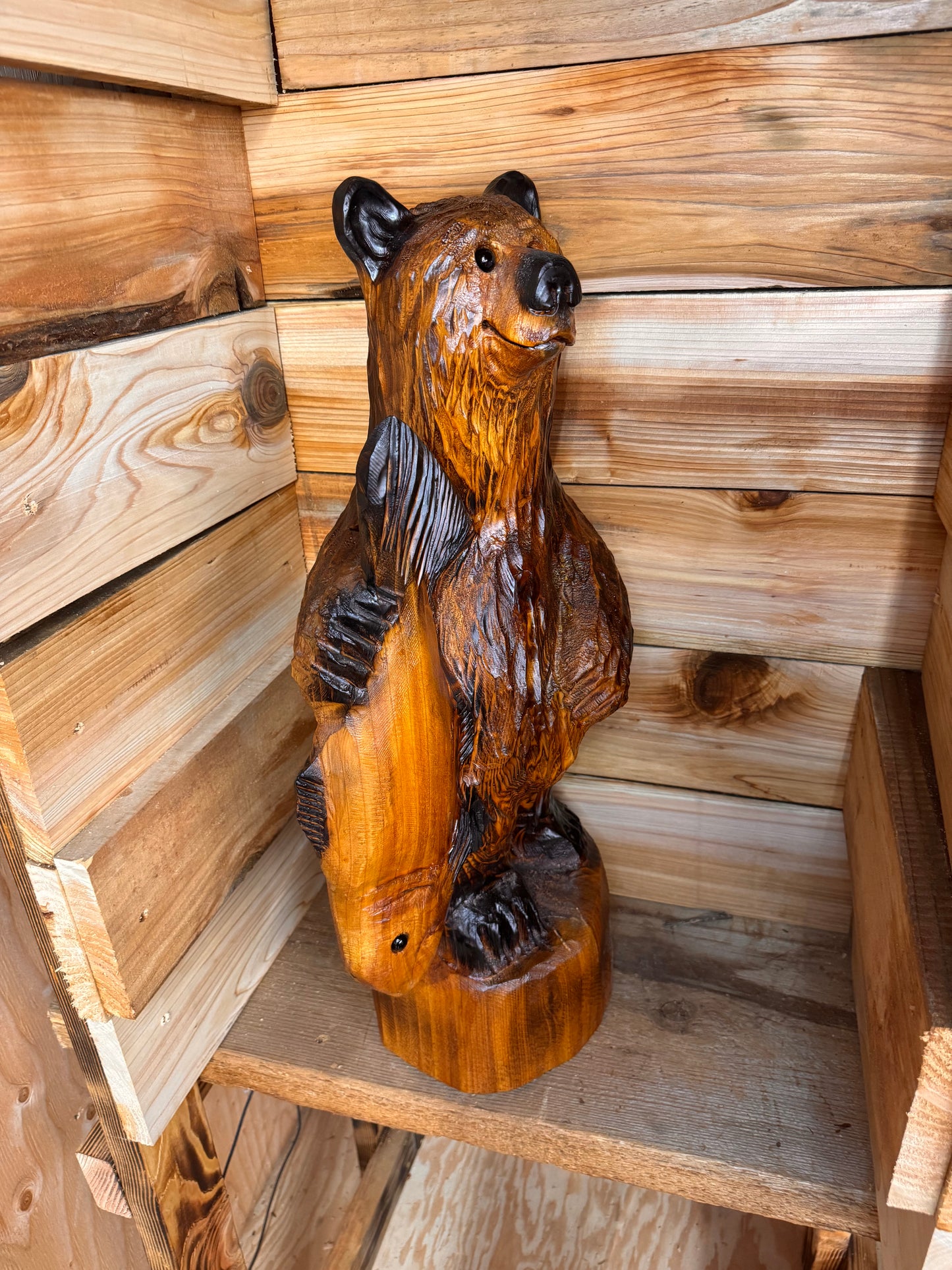 Chainsaw Carved Standing Bear Holding Fish – 24” Western Red Cedar