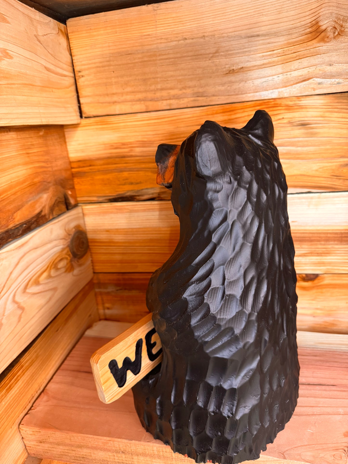 Wood Carved Bear Holding Welcome/Go Away Sign - Customizable, 15 Inches Tall - Black