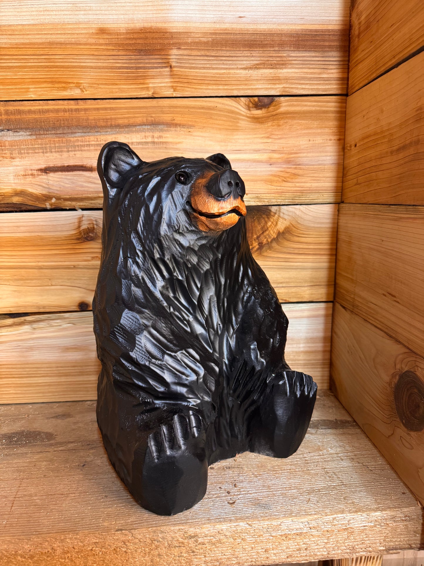 Chainsaw Carved Sitting Black Bear – 15”