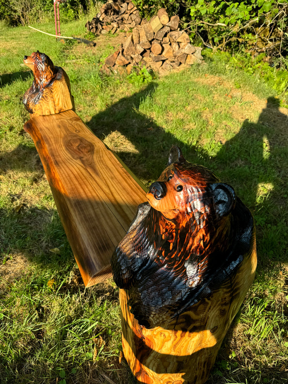 Hand Crafted Bench - Bears in Logs - Live Edge Slabs - Multiple Lengths - Brown