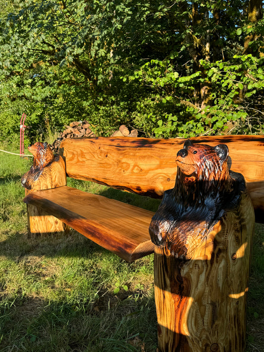 Hand Crafted Bench - Bears in Logs - Live Edge Slabs - Multiple Lengths - Brown