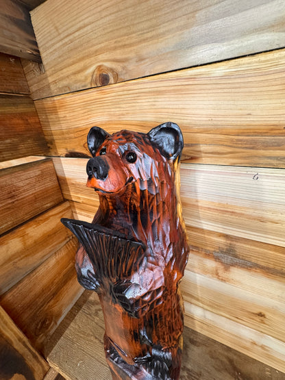 Handcrafted Wooden Bear with Fish 30" - Brown
