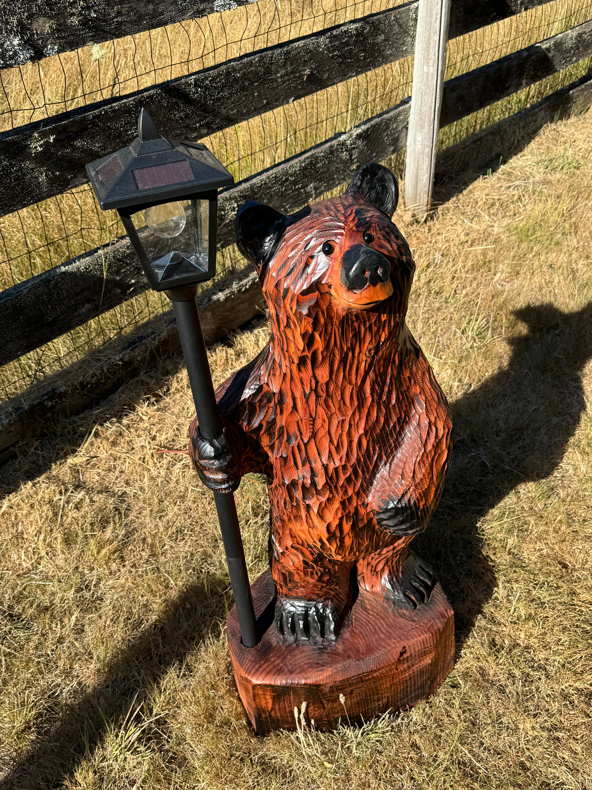 Chainsaw Carved Redwood Bear with Solar Lantern – 40”