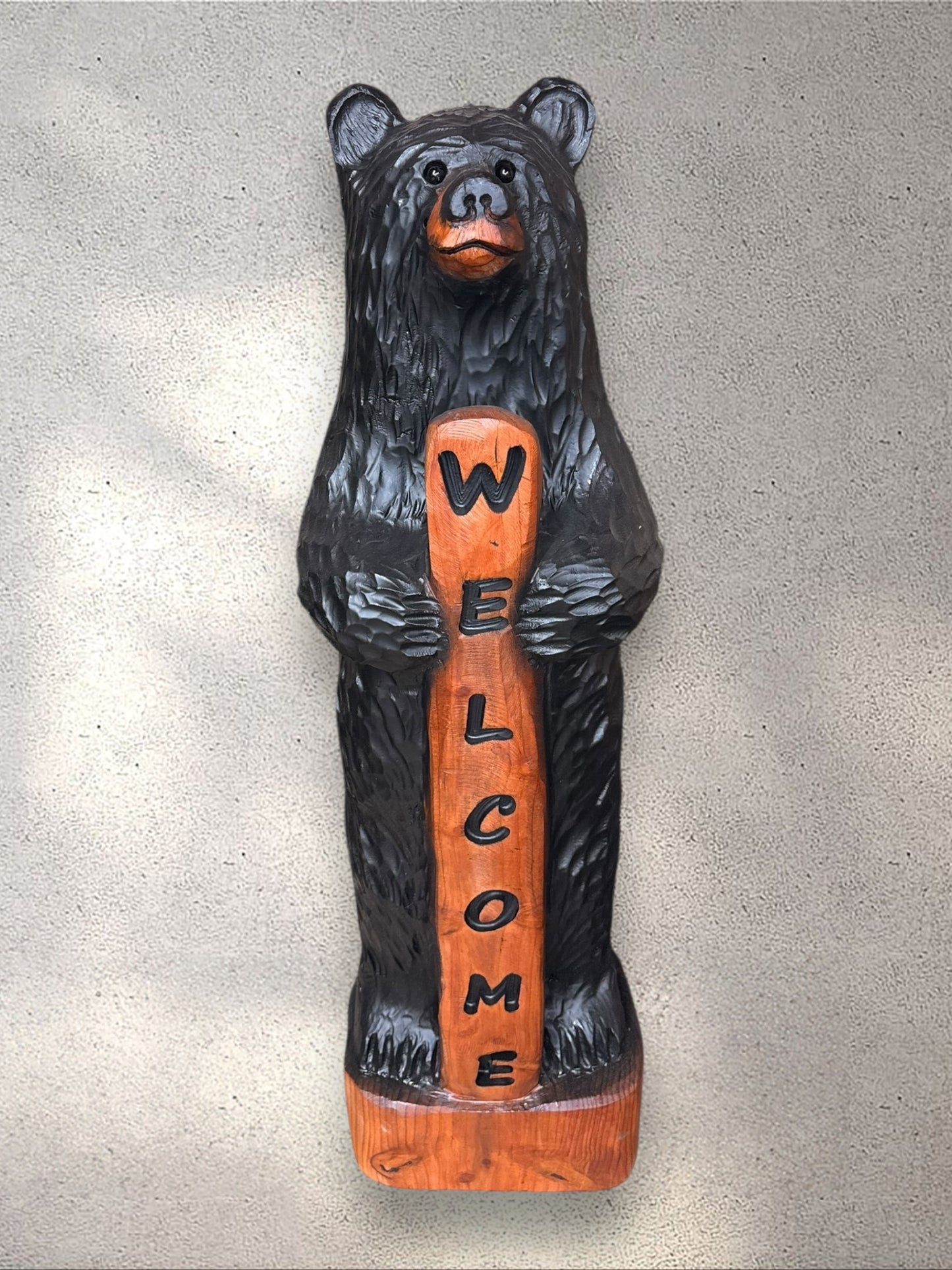 Hand-Carved Wood Bear Black with Welcome Sign - 48 Inches, Perfect for Entryways