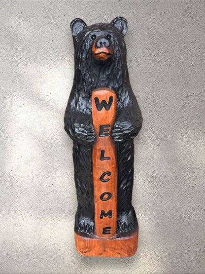 Hand-Carved Wood Bear Black with Welcome Sign - 48 Inches, Perfect for Entryways
