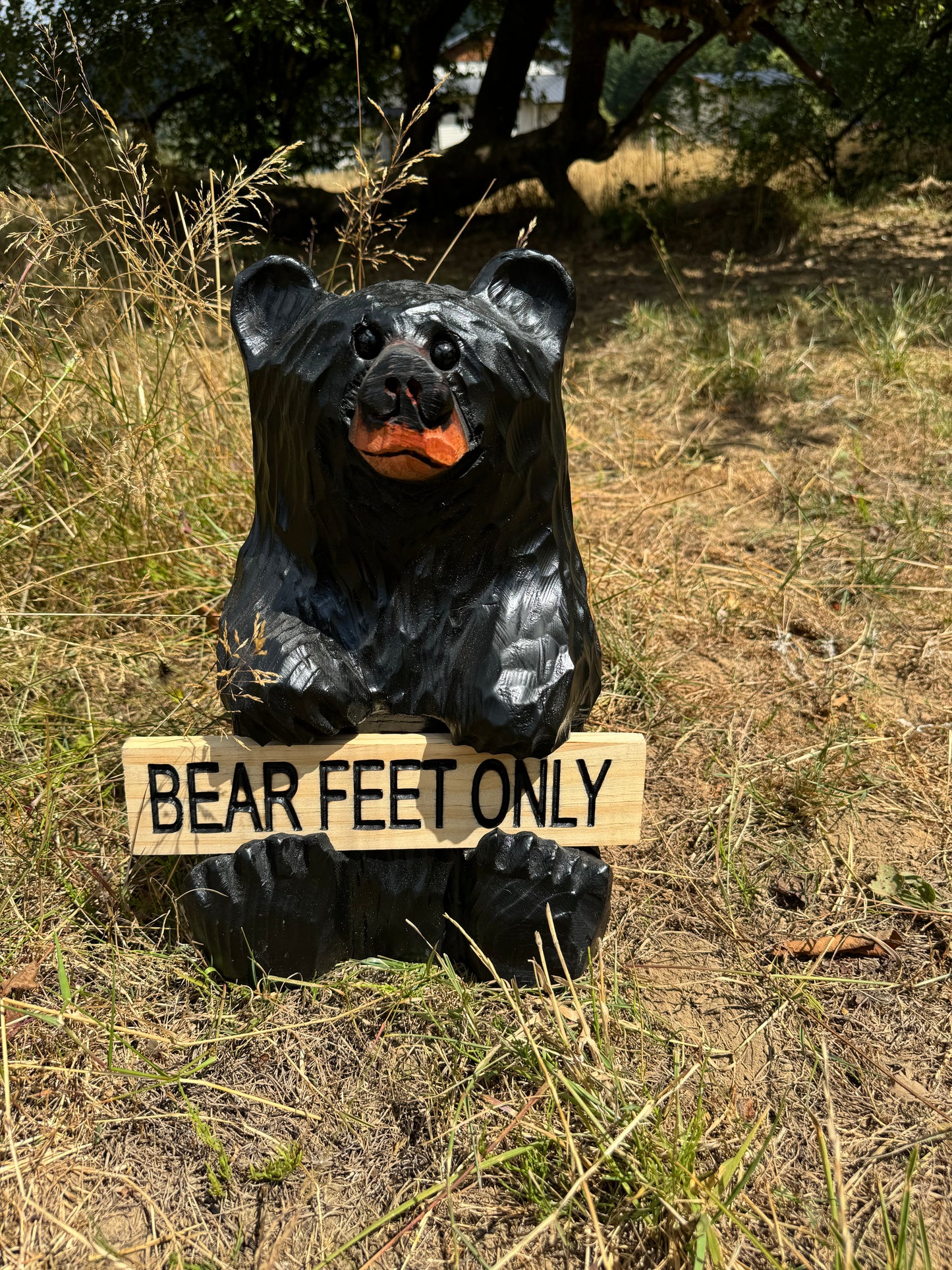 Wood Carved Bear Holding Reversible Welcome Sign - Customizable, 15 Inches Tall - Black