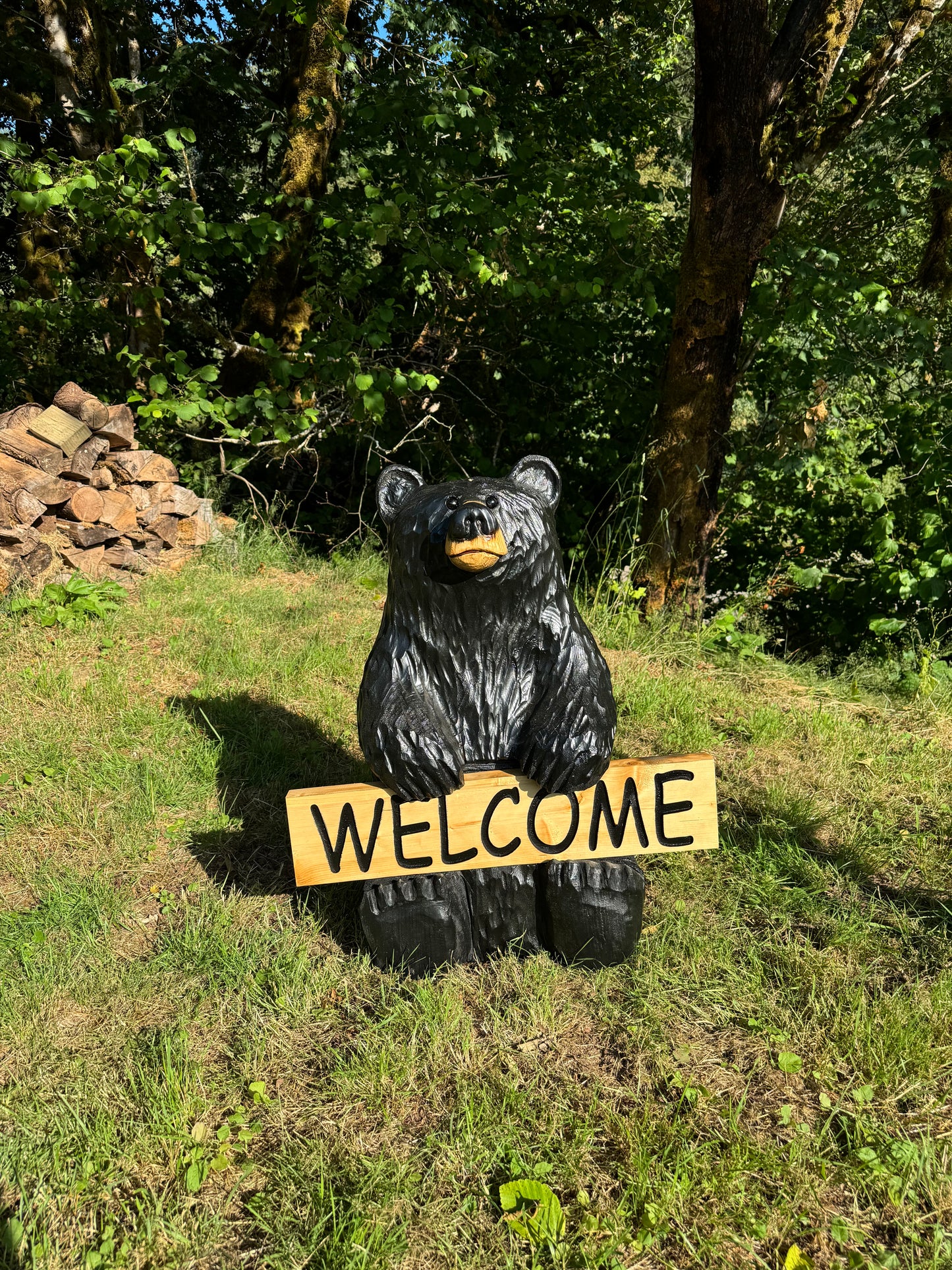 Wood-Carved 30" Bear with Reversible Welcome Sign - Customizable