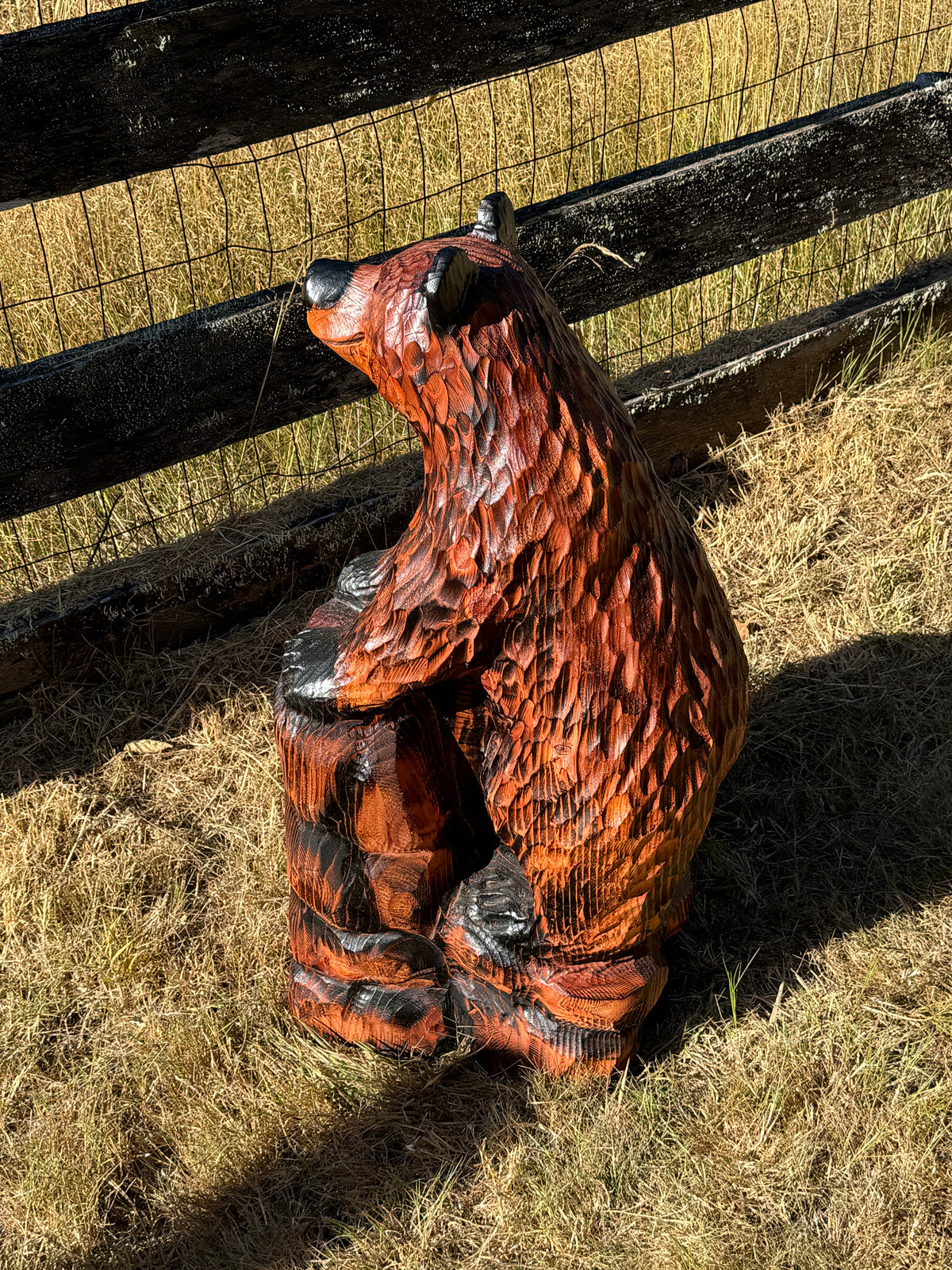32-Inch Bear Carving on Rock Base – Hand-Carved Wood Sculpture