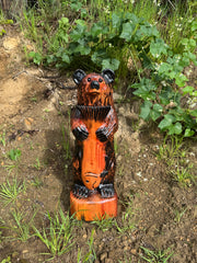 Handcrafted Wooden Bear with Fish 24" - Brown