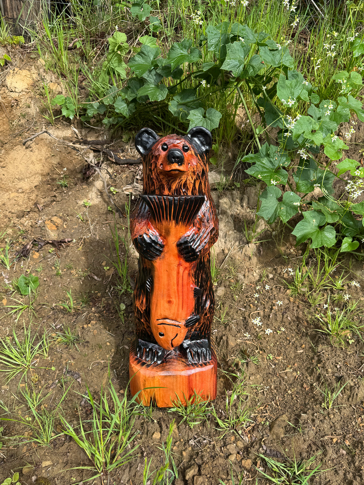 Handcrafted Wooden Bear with Fish 24" - Brown