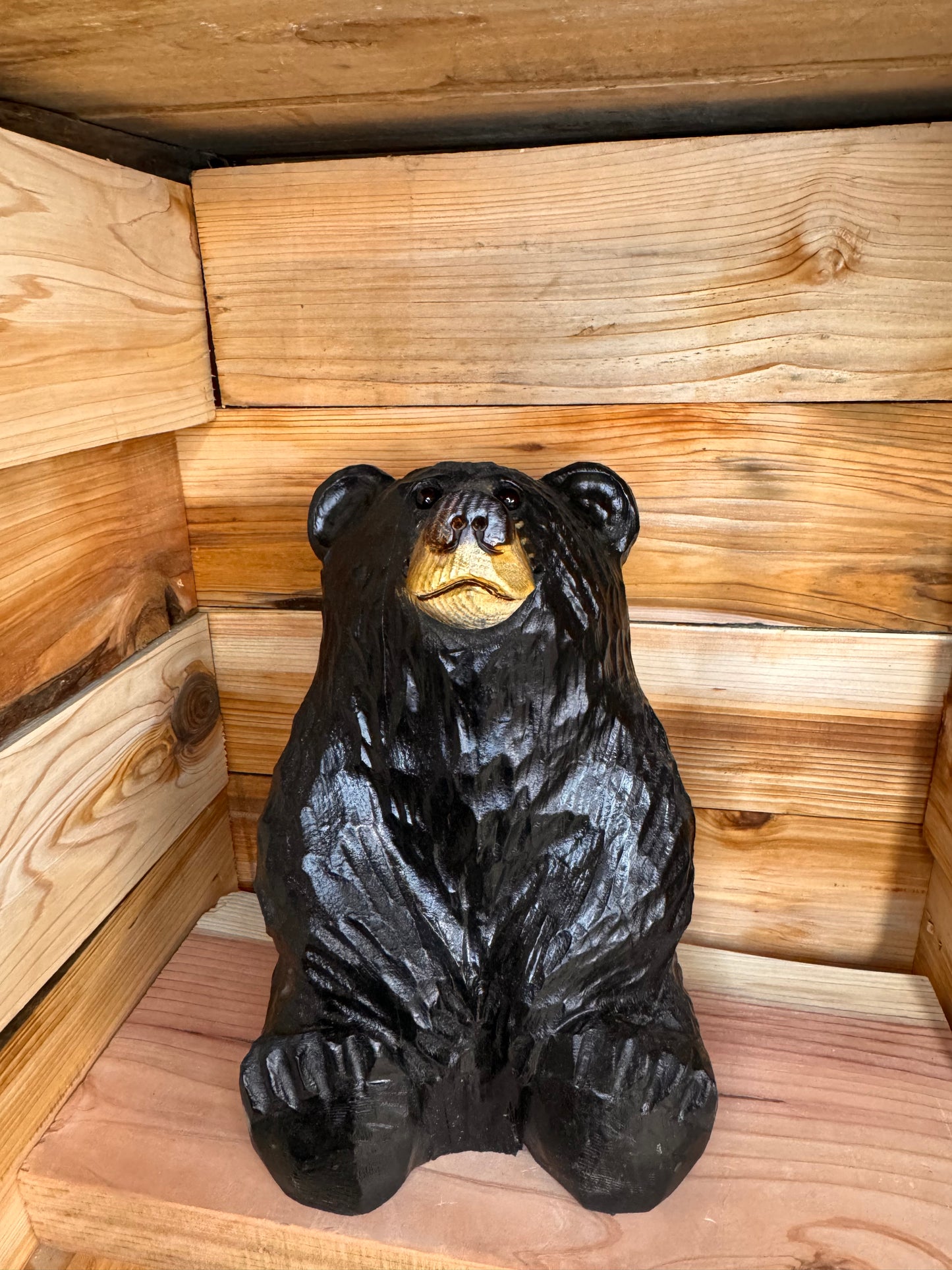 Handcrafted Wood Carved Sitting Bear - 15 Inches Tall, Looking Up