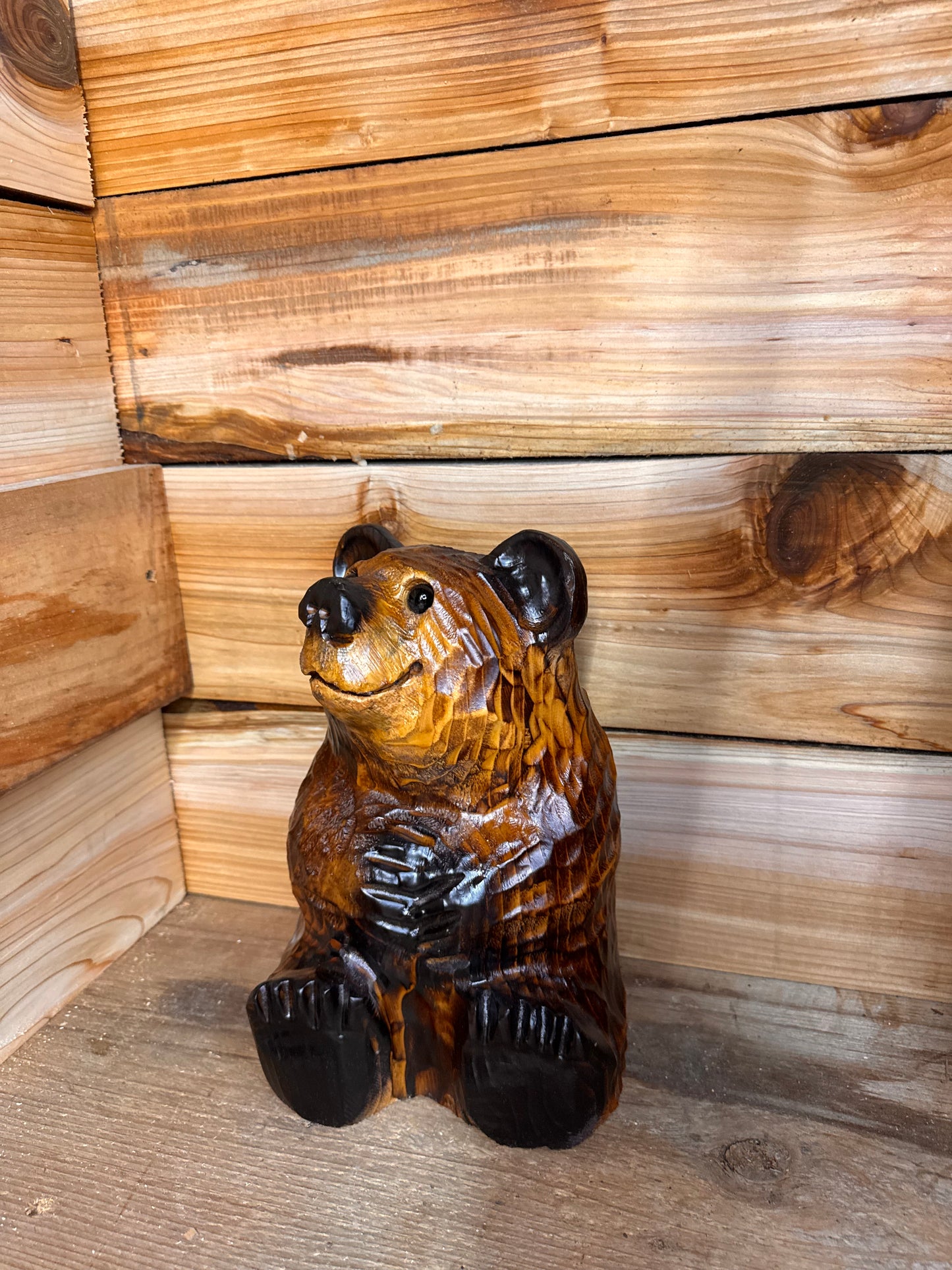 Wood Carved Sitting Bear 12" - Brown
