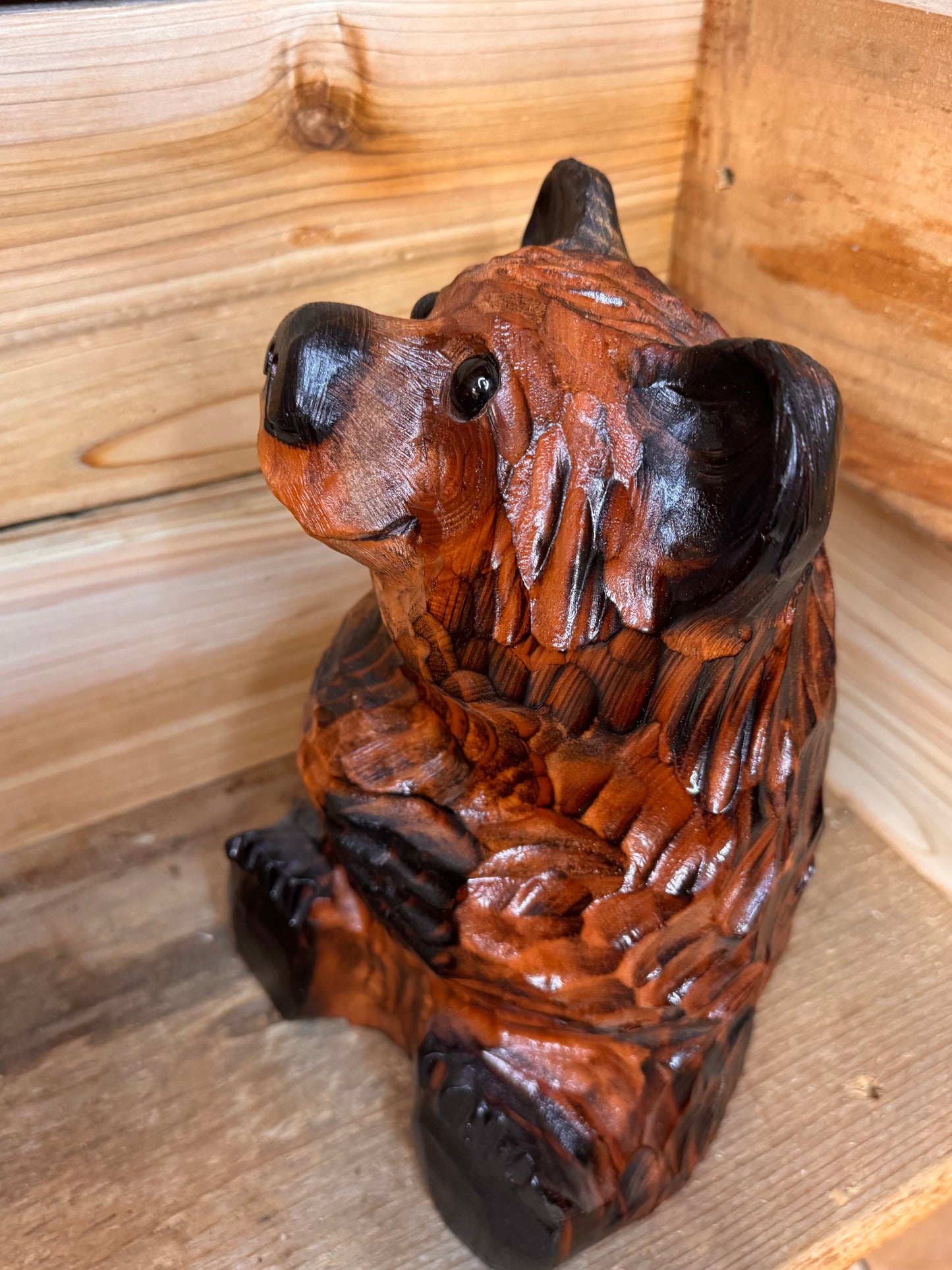 Wood Carved Sitting Bear 12" - Brown