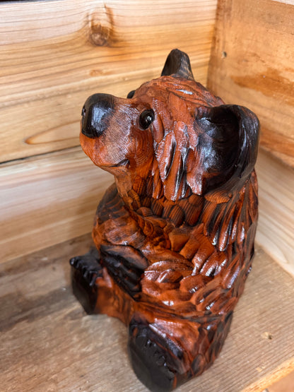 Wood Carved Sitting Bear 12" - Brown