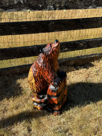 32" Chainsaw Carved Bear on Rock Base Sculpture