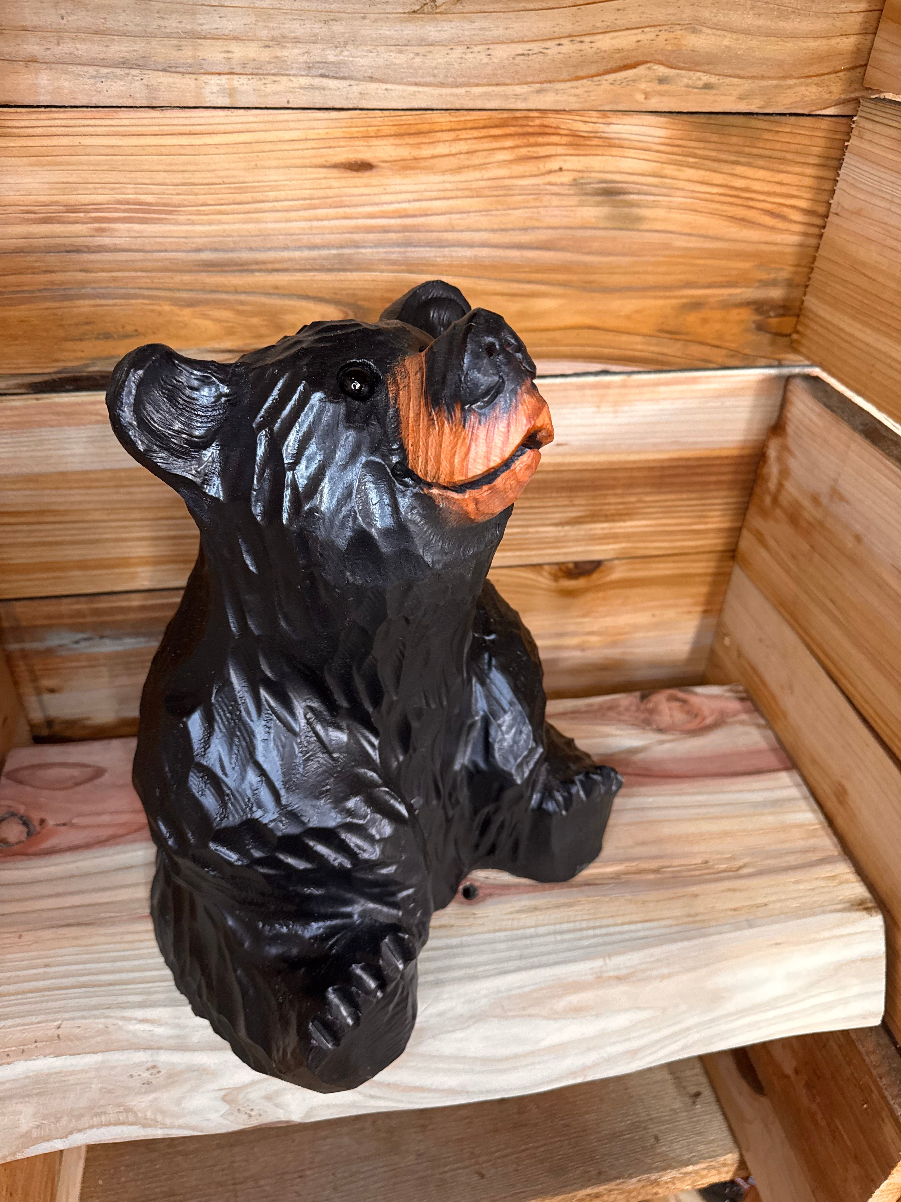 Chainsaw Carved Sitting Black Bear Looking Up – 15" Giant Sequoia Redwood