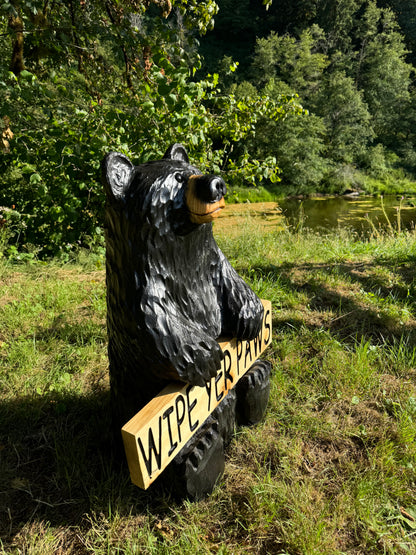 Wood-Carved 30" Bear with Reversible Welcome Sign - Customizable