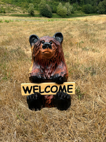 Wood Carved Bear Holding Reversible Welcome Sign - Customizable, 15 Inches Tall - Brown