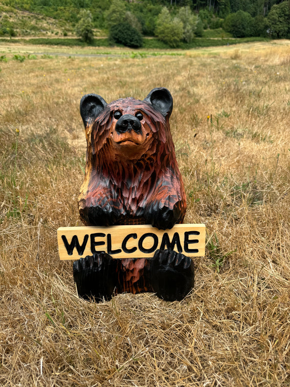 Wood Carved Bear Holding Reversible Welcome Sign - Customizable, 15 Inches Tall - Brown