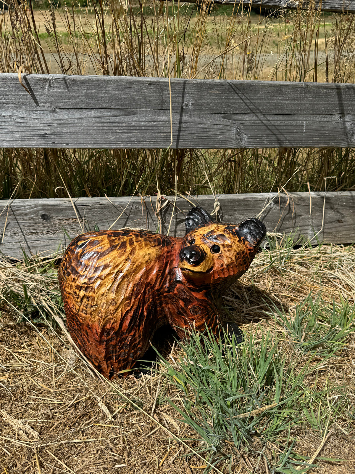 Chainsaw Carved Playful Brown Bear on All Fours – 15” Redwood