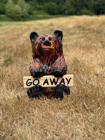 Wood Carved Bear Holding Reversible Welcome Sign - Customizable, 15 Inches Tall - Brown