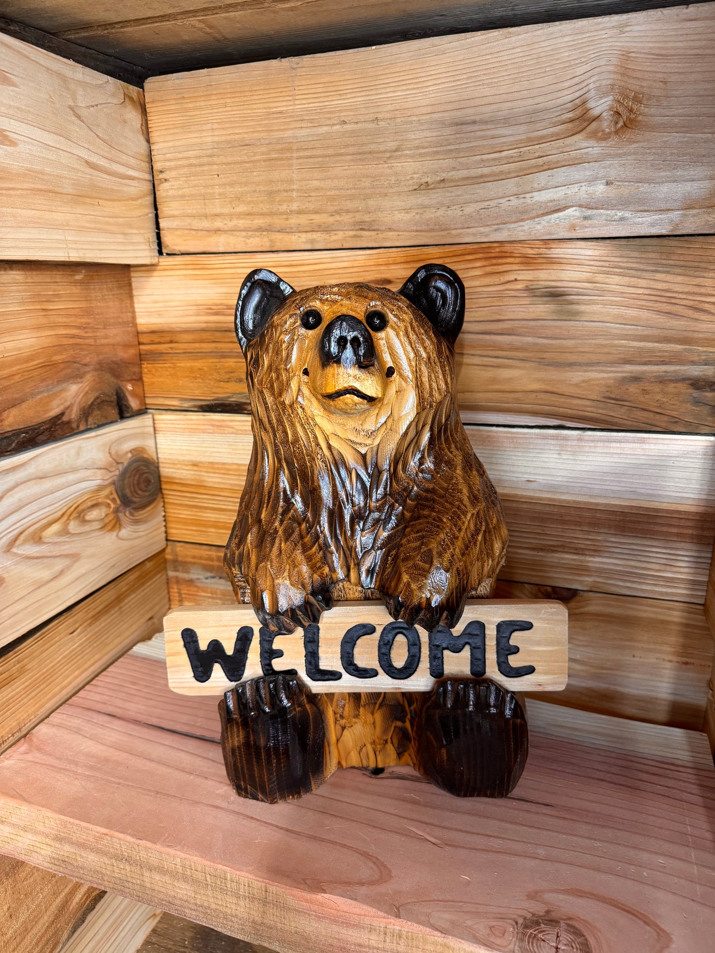 Wood Carved Bear Holding Welcome/Go Away Sign - Customizable, 15 Inches Tall - Brown