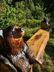 Hand Crafted Bench - Bears in Logs - Live Edge Slabs - Multiple Lengths - Brown