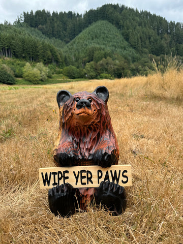 Wood Carved Bear Holding Reversible Welcome Sign - Customizable, 15 Inches Tall - Brown