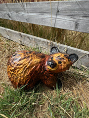Chainsaw Carved Playful Brown Bear on All Fours – 15” Redwood