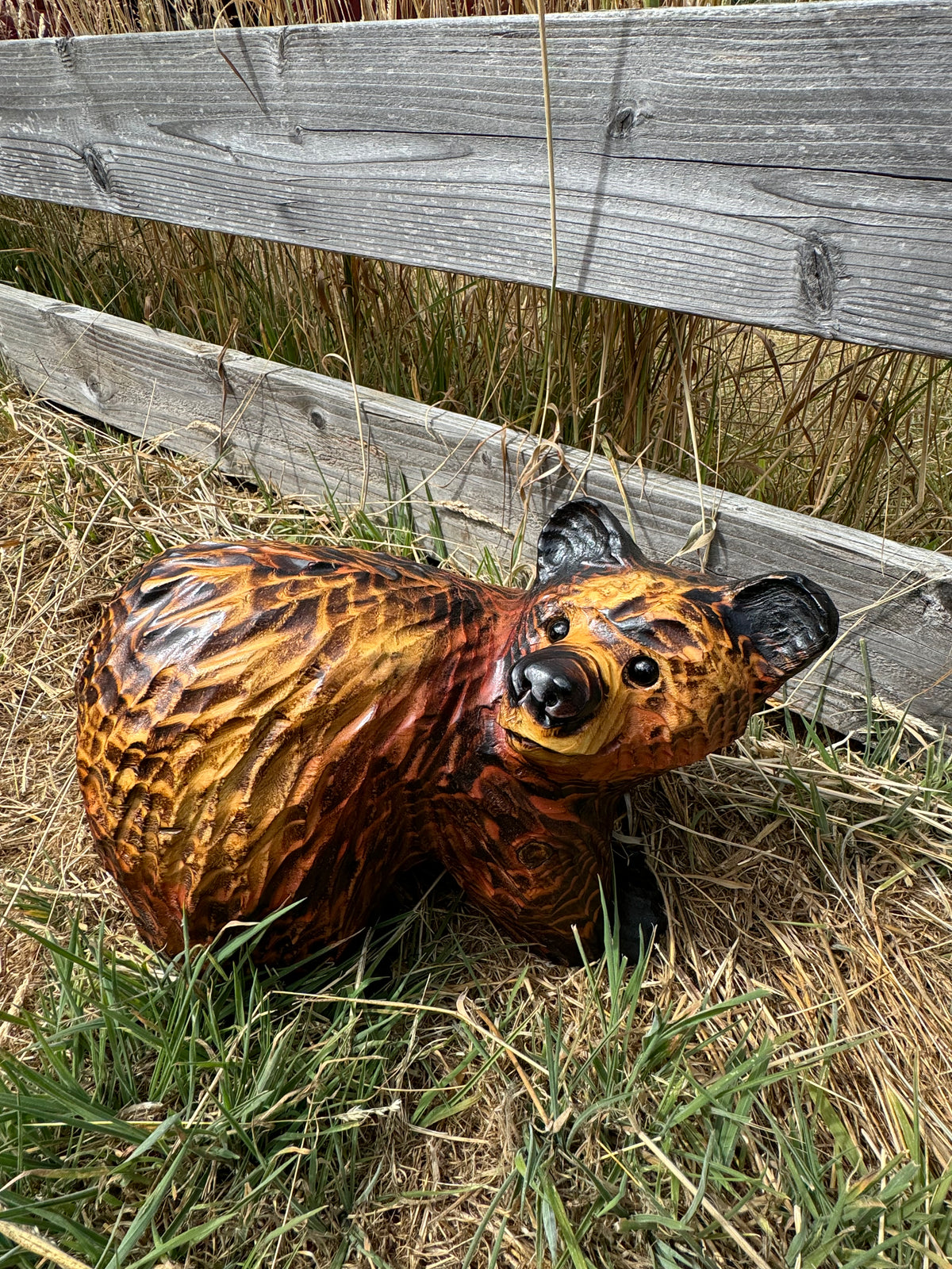 Chainsaw Carved Playful Brown Bear on All Fours – 15” Redwood