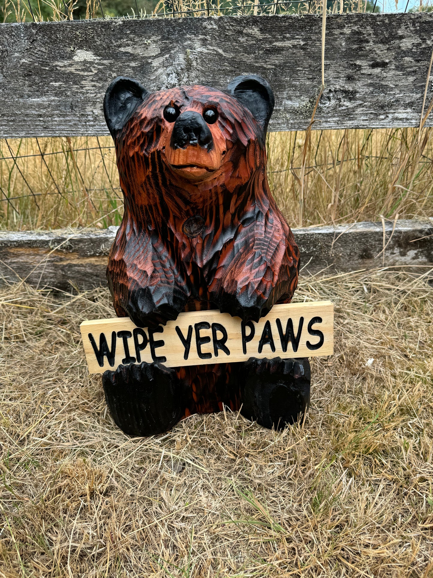 Wood Carved Bear Holding Welcome/Go Away Sign - Customizable, 15 Inches Tall - Brown