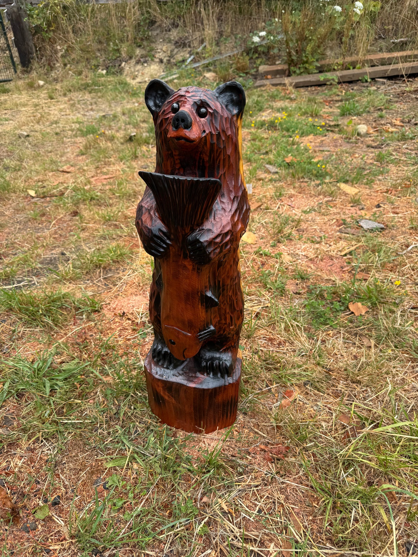 28-Inch Redwood Chainsaw Carved Fishing Bear