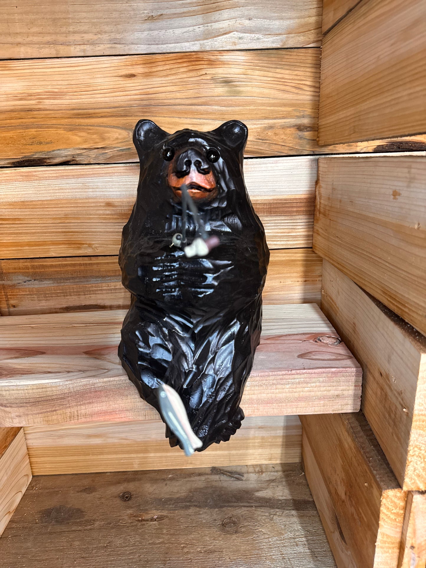 Wood Carved Bear with Fishing pole - 15" - Black