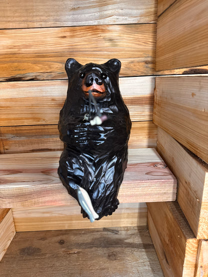 Wood Carved Bear with Fishing pole - 15" - Black