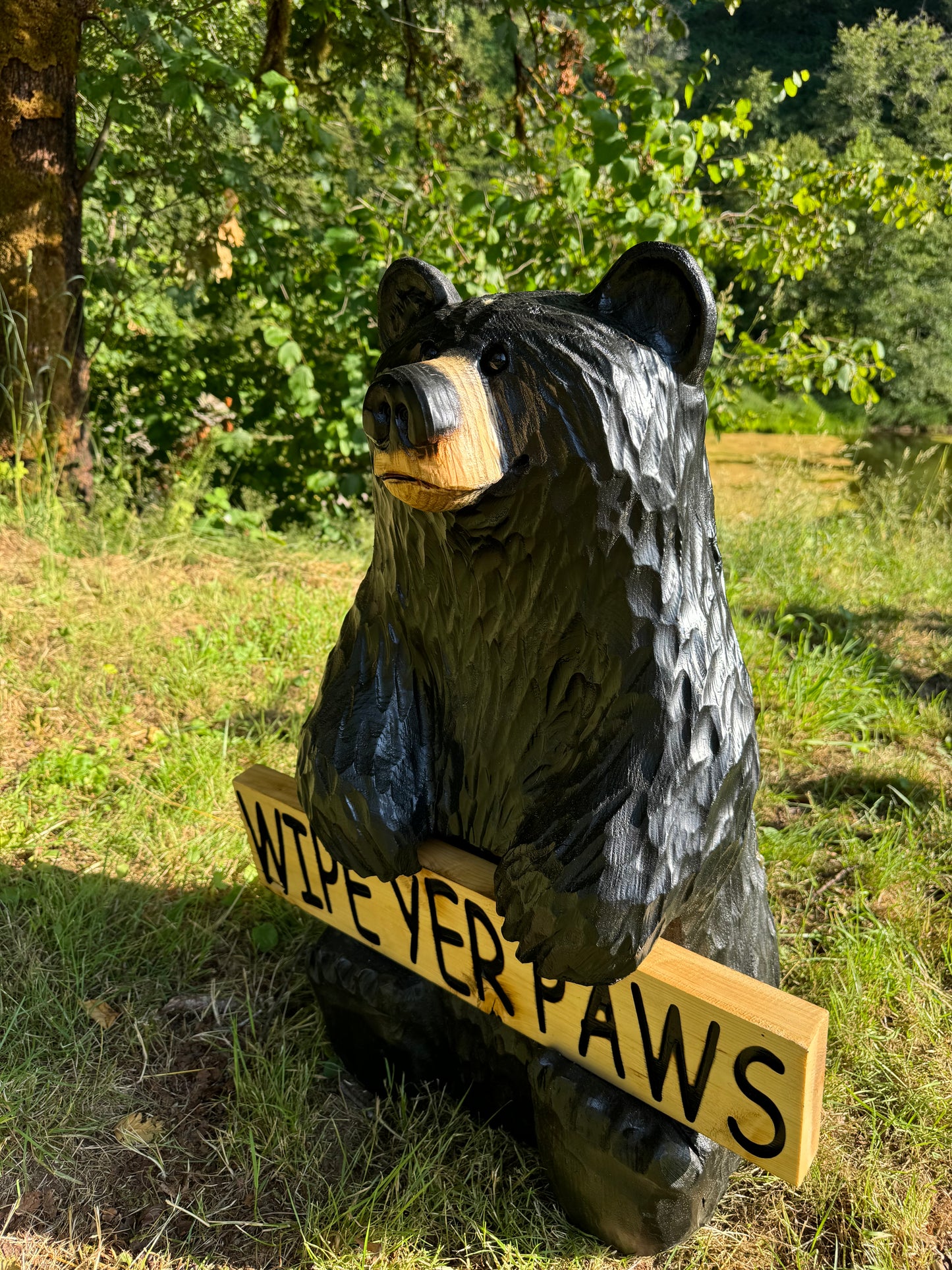 Wood-Carved 30" Bear with Reversible Welcome Sign - Customizable