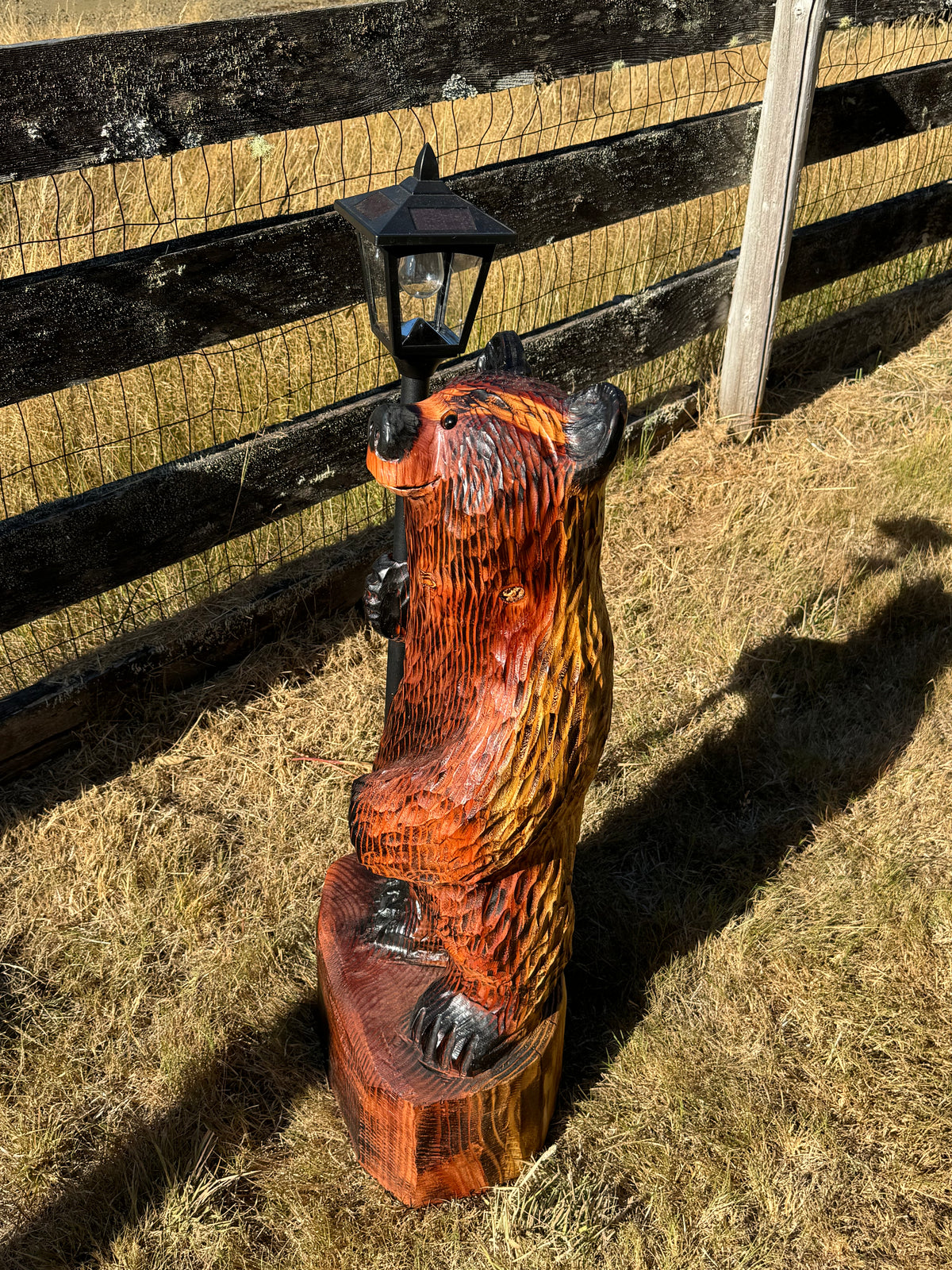 Chainsaw Carved Redwood Bear with Solar Lantern – 40”