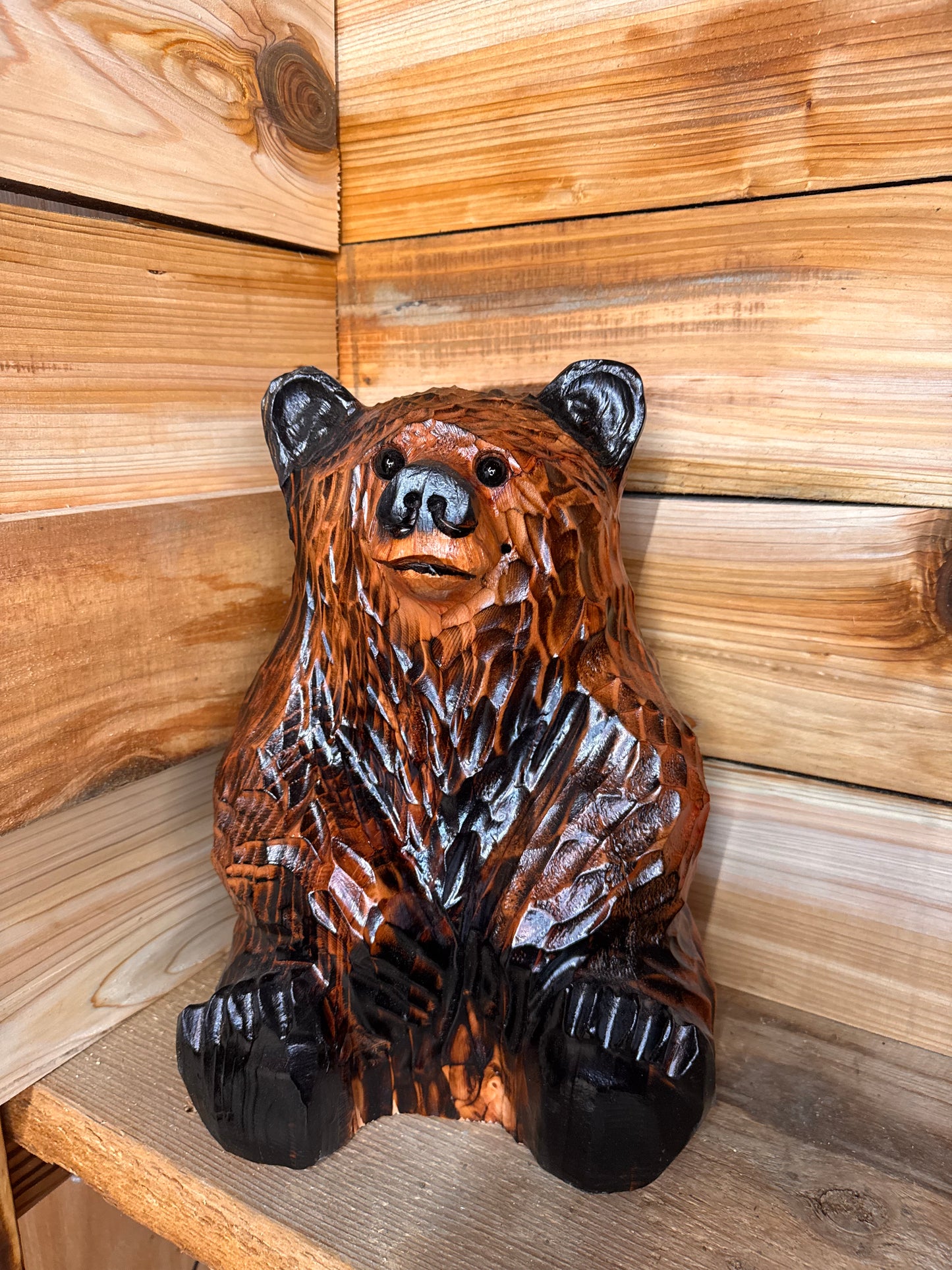 Handcrafted Wood Carved Sitting Bear - 15 Inches Tall, Looking Straight Ahead - Brown